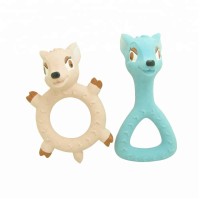 Food Grade Nature Latex Chew Toys Baby Teether Pink Blue Deer Animal Baby Squeaky Teething Toy with Ring Handle